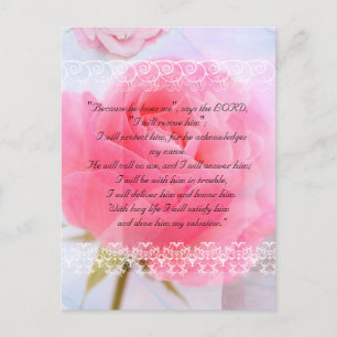 Bible passage, pink roses on blue postcard