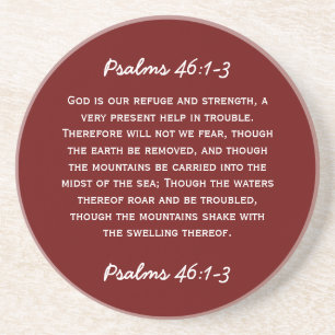 Bible passage Psalms 46:1-3 in white text. Coaster