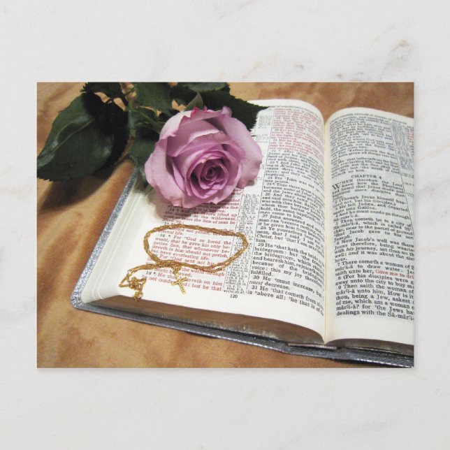 Bible & Purple Rose with Cross Chain Postcard (Front)