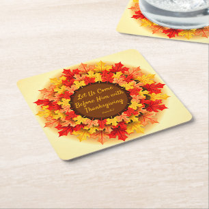 Bible Quote Autumn Leaves Thanksgiving Square Paper Coaster