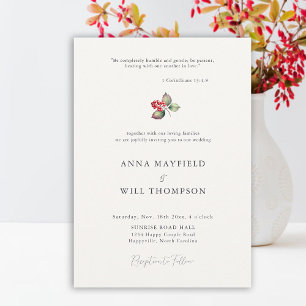 Bible Quote Minimal Winter Berries Elegant Wedding Invitation