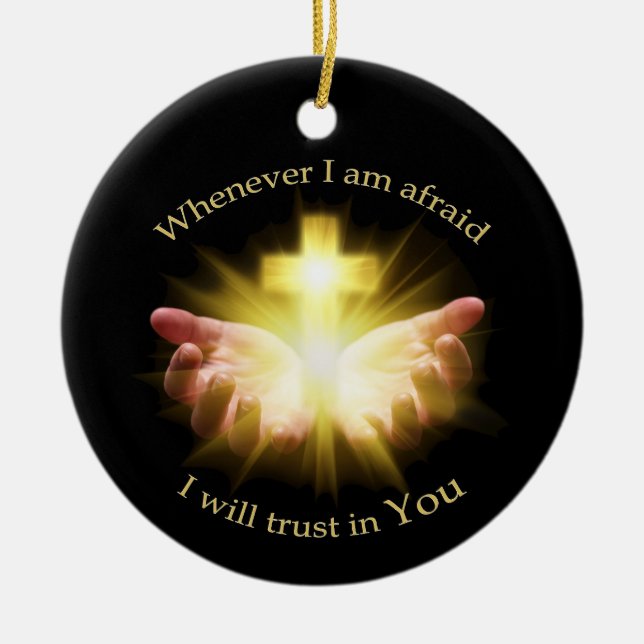 Bible quote with hands holding Cross Ceramic Ornament (Front)