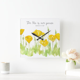 Bible Scripture California Poppies He is Our Peace Square Wall Clock