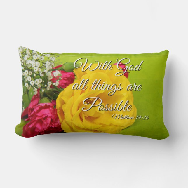 Bible Scripture Pink Yellow Roses Matthew 19:26 Lumbar Cushion (Front)