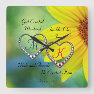 Bible Scripture Text with Double Heart Monograms T Square Wall Clock