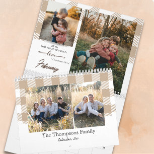 Bible Verse Beige Buffalo Plaid Family Photo Calendar