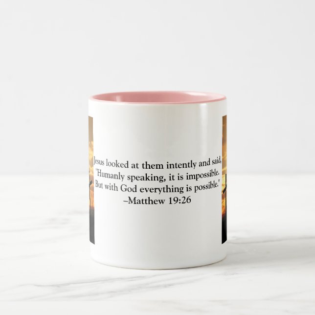 Bible Verse Coffee Mug Pink - Matthew 19:26 (Center)