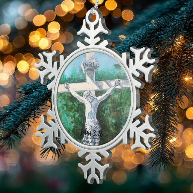 Bible Verse Crucifix Reason For Season Snowflake Pewter Christmas Ornament (Classic ''Reason For The Season'' Crucifix Cross On Ornament)