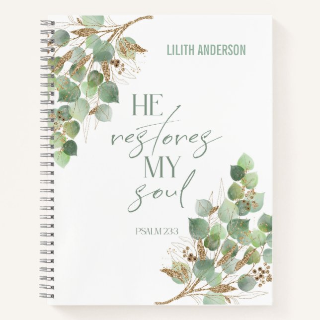 Bible Verse Green Gold Leaves Notebook (Front)