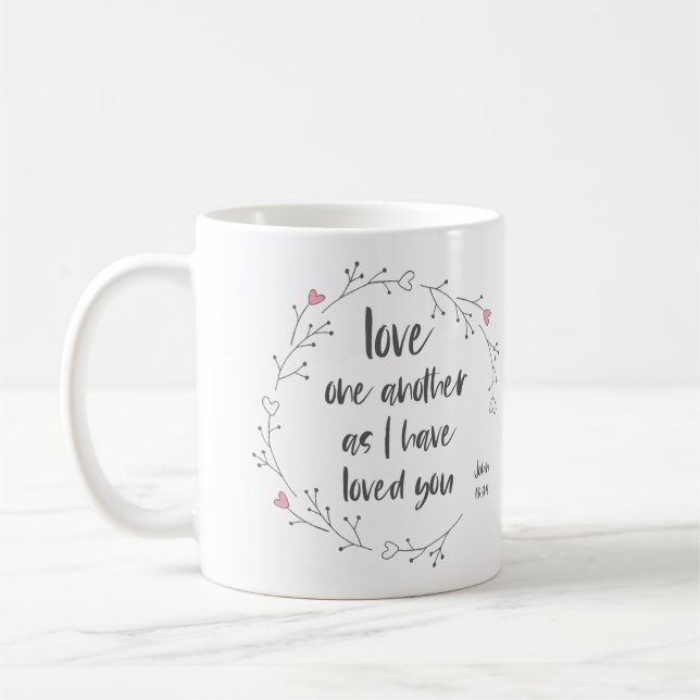 Bible Verse: Love One Another (+ hearts) Coffee Mug (Left)