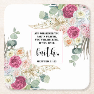 Bible verse Matthew Floral  Square  Paper Coaster