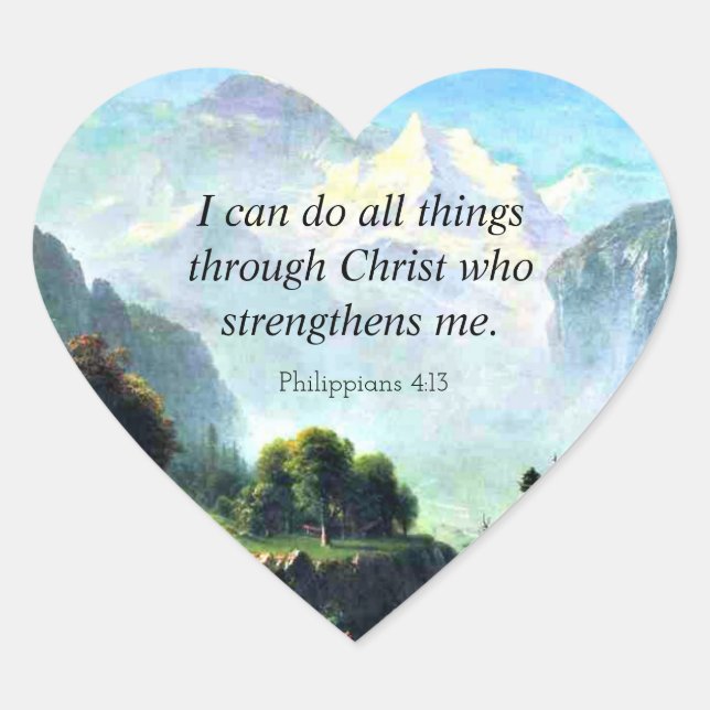 Bible verse, Phil 4:13, I can do all things... Heart Sticker (Front)
