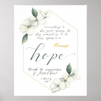 Bible Verse print, 1 Peter 1:3, dogwood flowers Poster
