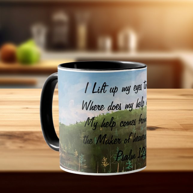  Bible Verse Psalm 121:1  blue green Mug (Scripture mug with painting print as background)