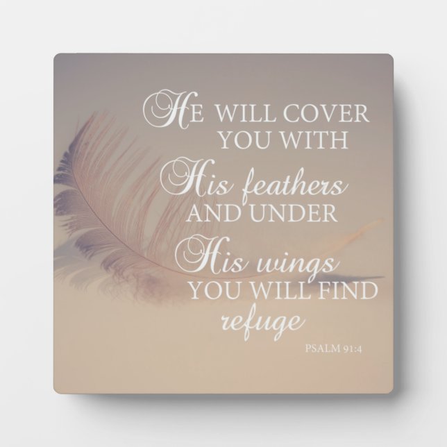 Bible verse psalm 91:4 feathers inspirational plaque (Front)