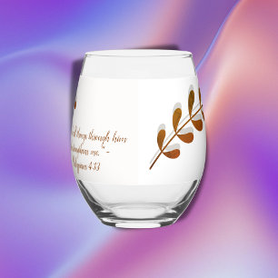 Bible Verse Simple Botanical Brown and White   Stemless Wine Glass