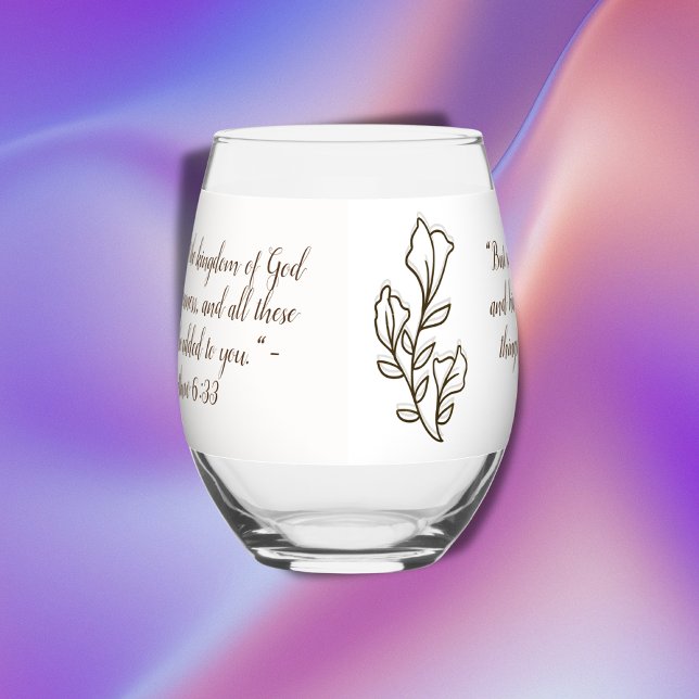 Bible Verse Simple Botanical Brown and White | Stemless Wine Glass (Creator Uploaded)