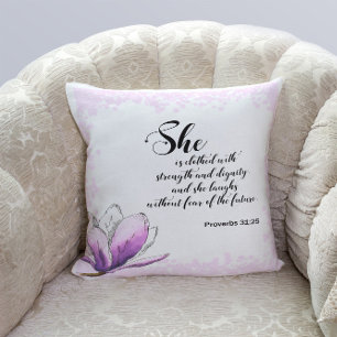 Bible verse watercolor pink floral throw pillows