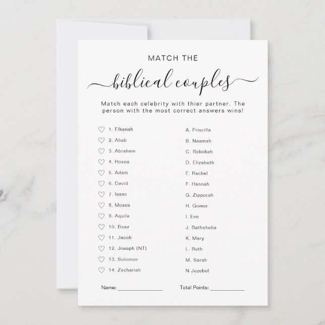 Biblical Couples Quiz Bible Couples Bridal Shower Invitation (Front)