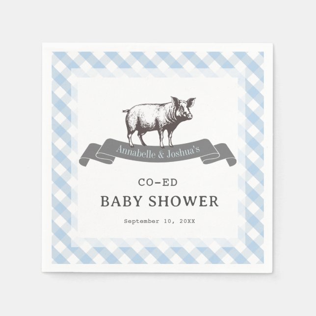Bibs & Ribs BBQ Rustic Blue Gingham Baby Shower Napkin (Front)
