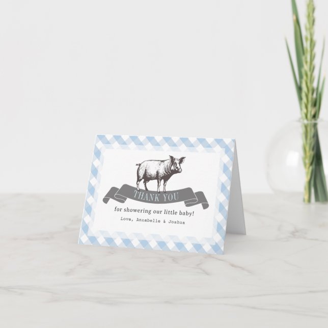 Bibs & Ribs BBQ Rustic Blue Gingham Baby Shower Thank You Card (Front)