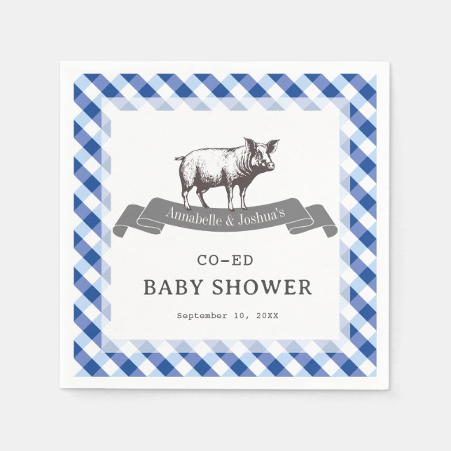 Bibs & Ribs BBQ Rustic Navy Gingham Baby Shower Napkin (Front)