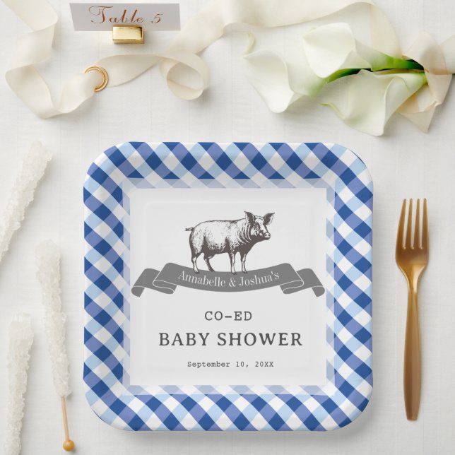 Bibs & Ribs BBQ Rustic Navy Gingham Baby Shower Paper Plate (Wedding)
