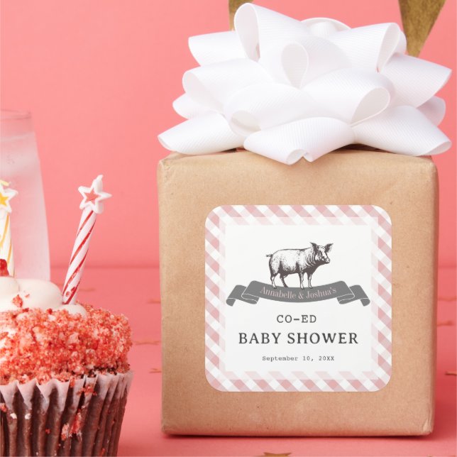 Bibs & Ribs BBQ Rustic Pink Gingham Baby Shower Square Sticker (Party)