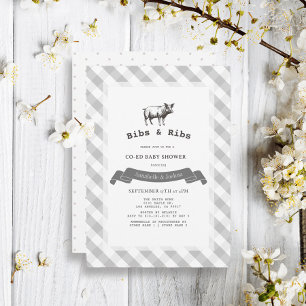 Bibs & Ribs Rustic Grey Gingham Co-Ed Baby Shower Invitation
