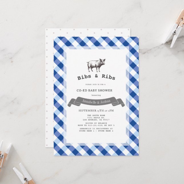Bibs & Ribs Rustic Navy Gingham Co-Ed Baby Shower Invitation (Front/Back In Situ)