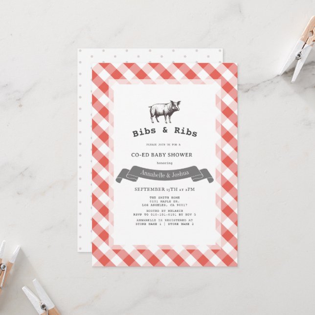 Bibs & Ribs Rustic Red Gingham Co-Ed Baby Shower Invitation (Front/Back In Situ)