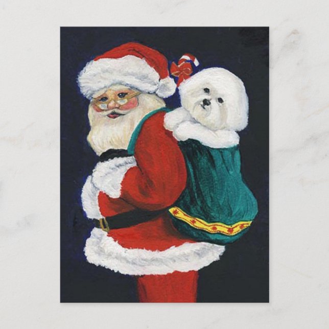 Bichon Frise and Santa Art Christmas Postcard (Front)