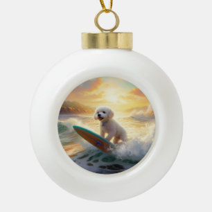 Bichon Frise Beach Surfing Painting  Ceramic Ball Christmas Ornament
