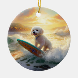 Bichon Frise Beach Surfing Painting  Ceramic Ornament