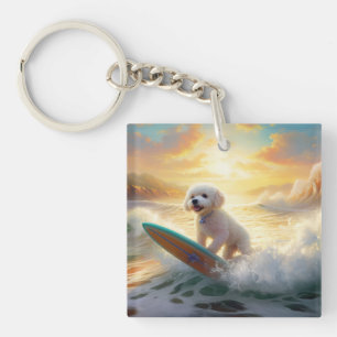 Bichon Frise Beach Surfing Painting Key Ring