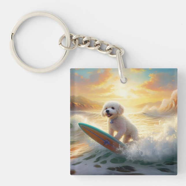 Bichon Frise Beach Surfing Painting  Key Ring (Front)