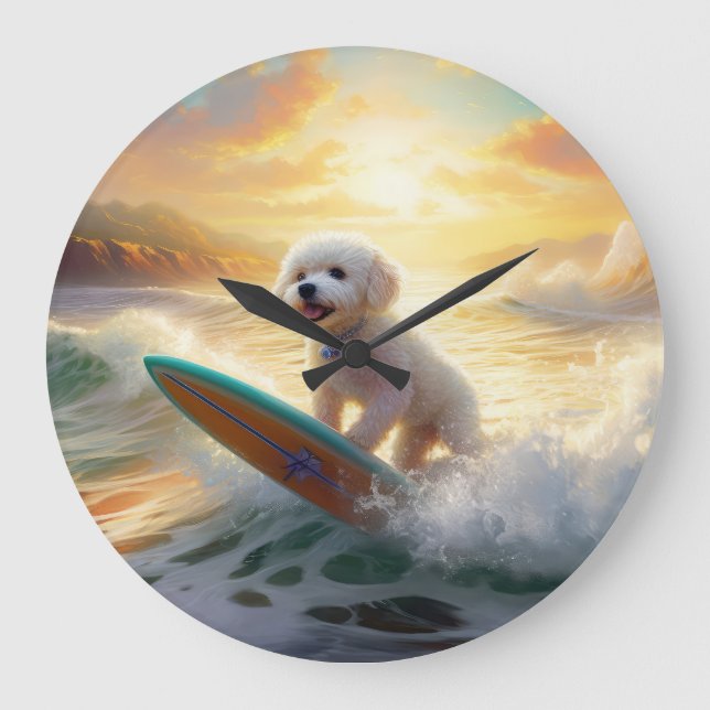 Bichon Frise Beach Surfing Painting  Large Clock (Front)