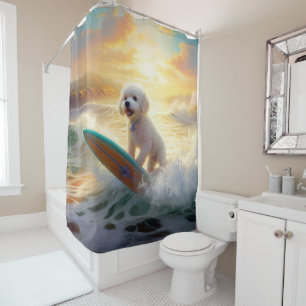 Bichon Frise Beach Surfing Painting  Shower Curtain