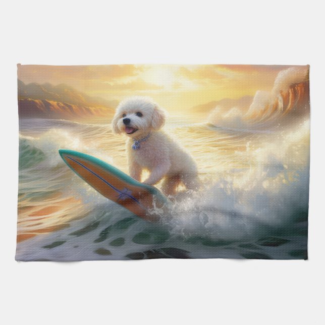 Bichon Frise Beach Surfing Painting  Tea Towel (Horizontal)