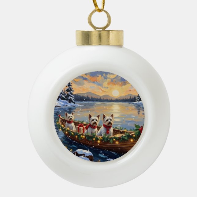 Bichon Frise Christmas Boat Holiday Ceramic Ball Christmas Ornament (Front)
