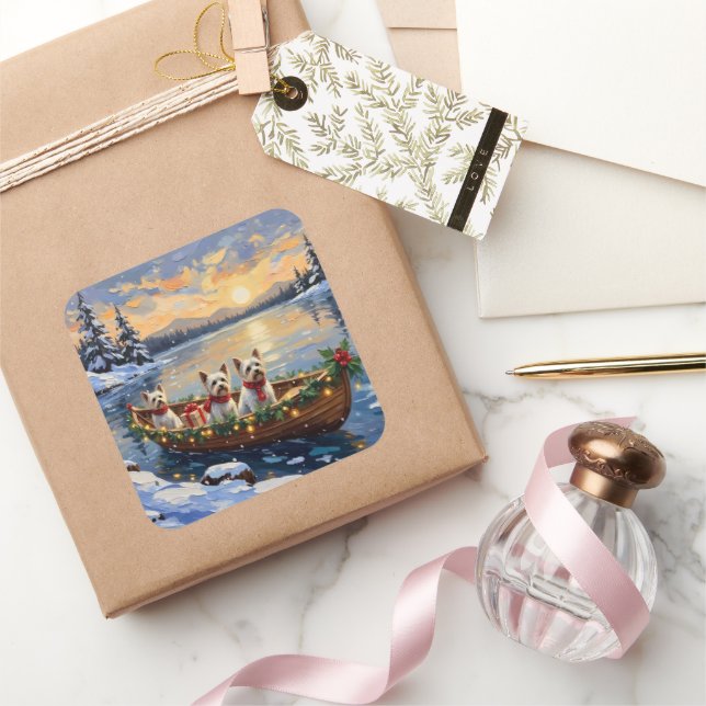 Bichon Frise Christmas Boat Holiday Square Sticker (Gifting)