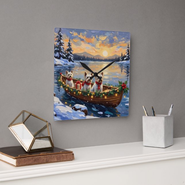 Bichon Frise Christmas Boat Holiday Square Wall Clock (Office)