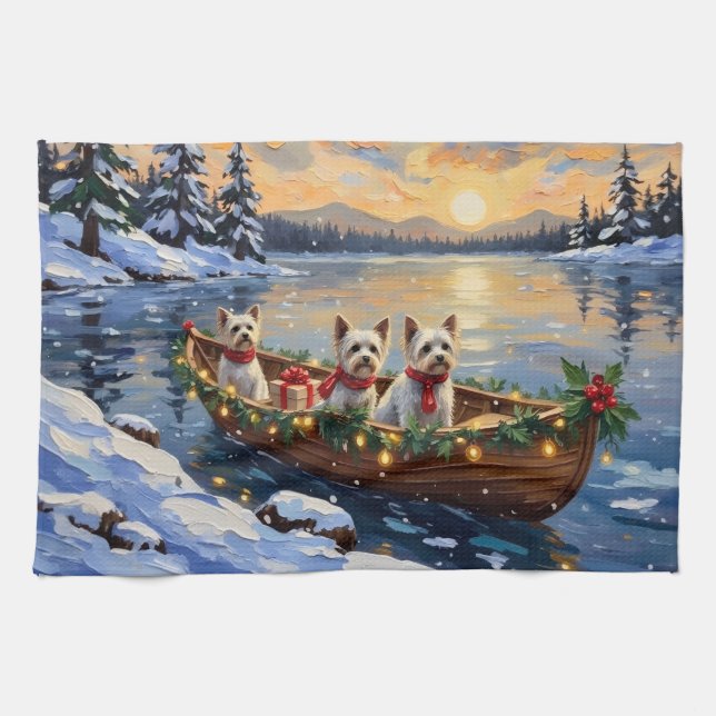 Bichon Frise Christmas Boat Holiday Tea Towel (Horizontal)