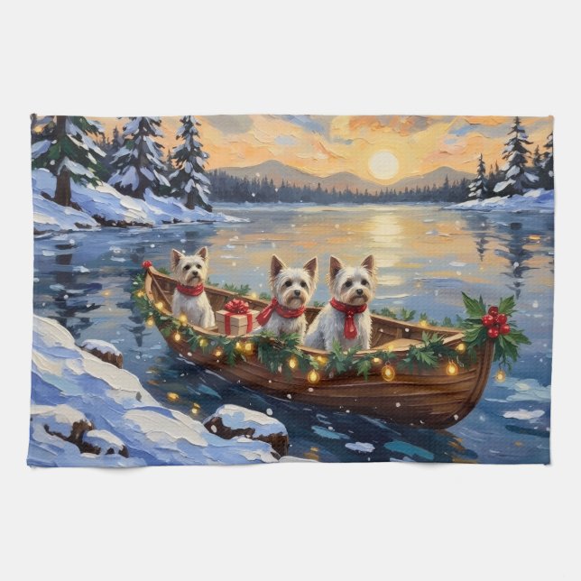 Bichon Frise Christmas Boat Holiday Tea Towel (Horizontal)