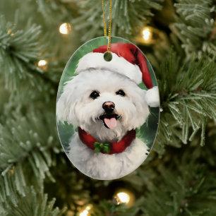 Bichon Frise Christmas brush painting artwork Ceramic Ornament
