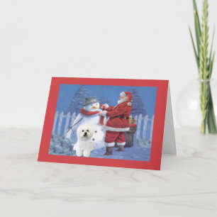 Bichon Frise Christmas Card Santa and Snowman