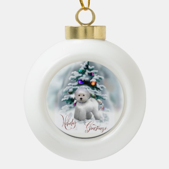 Bichon Frise Christmas Ceramic Ball Christmas Ornament (Front)