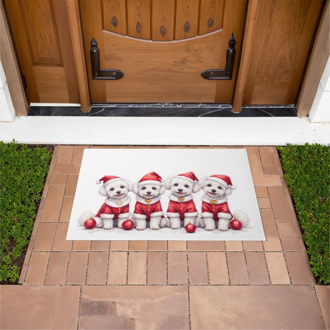Bichon Frise Christmas Dress Santa Hat Doormat (Outdoor)