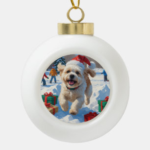 Bichon Frise Christmas Festive Snow Scene Ceramic Ball Christmas Ornament
