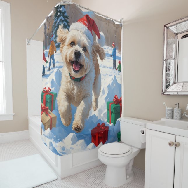 Bichon Frise Christmas Festive Snow Scene Shower Curtain (In Situ)